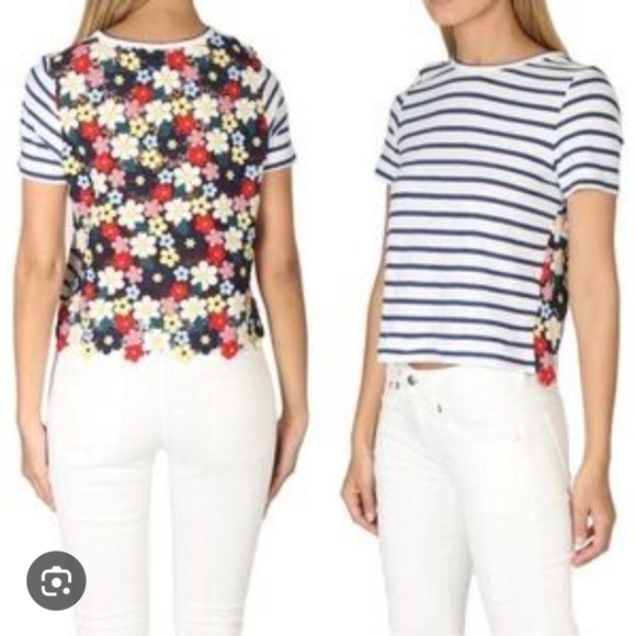 Sea New York Womens Floral Embroidered Striped Tee Blue Size 2 - Picture 3 of 9